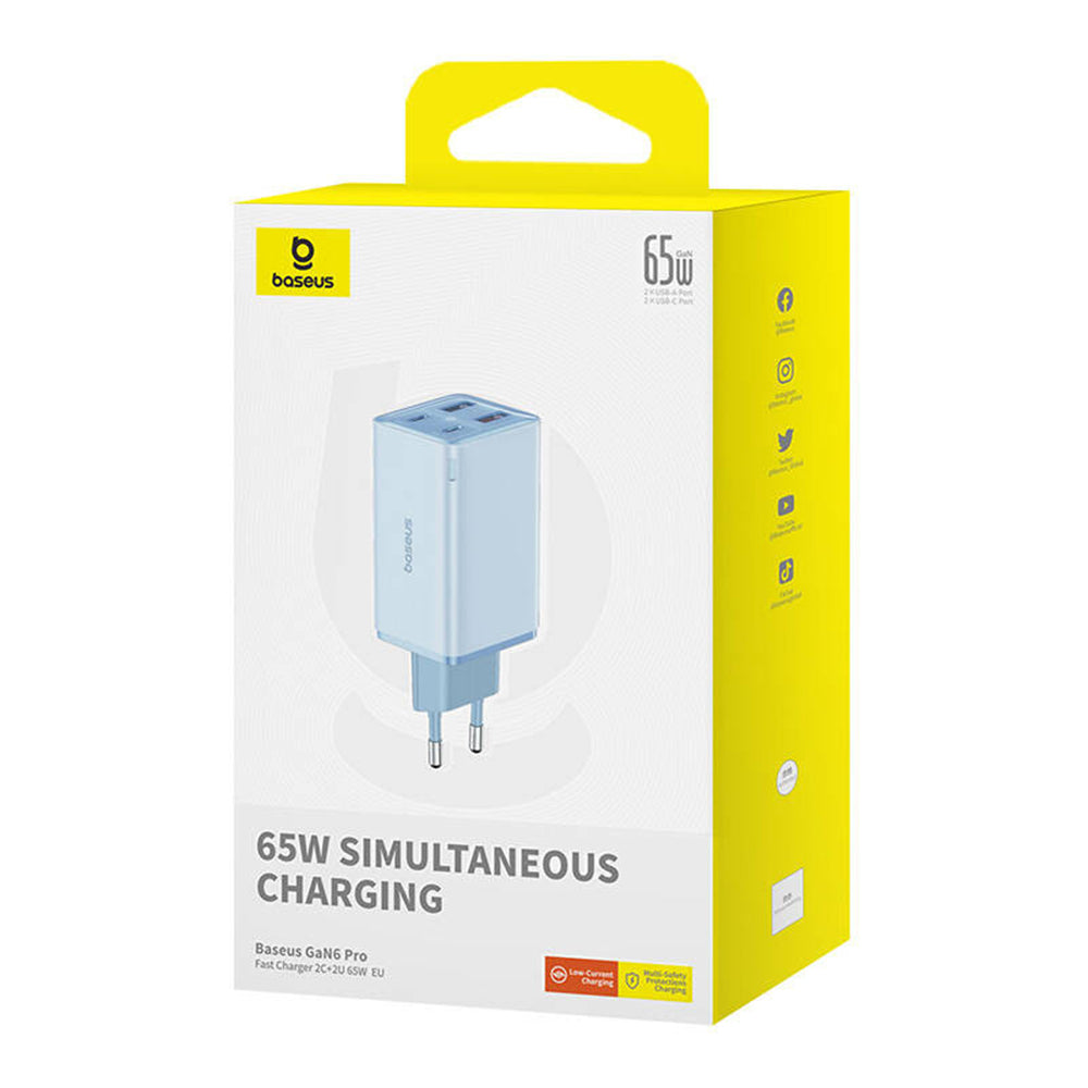 Punjač za mrežu sa USB-C kablom Baseus GaN6 Pro, 65W, 3.25A, 2 x USB-A - 2 x USB-C, Plavi E0121D00