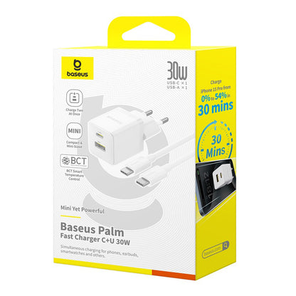 Punjač mreže sa USB-C kablom Baseus Palm, 30W, 3A, 1 x USB-A - 1 x USB-C, Beli P1011160A213-01
