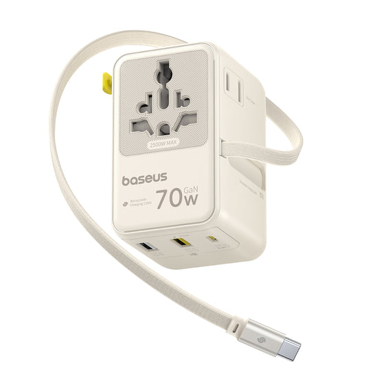 Punjač za mrežu sa USB-C kablom Baseus Travel EnerCore CG11, 70W, 2 x utičnica - 1 x USB-C - 2 x USB-A, Bela E0307E01