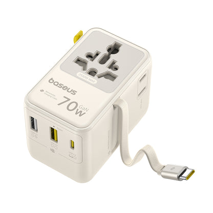 Punjač za mrežu sa USB-C kablom Baseus Travel EnerCore CG11, 70W, 2 x utičnica - 1 x USB-C - 2 x USB-A, Bela E0307E01