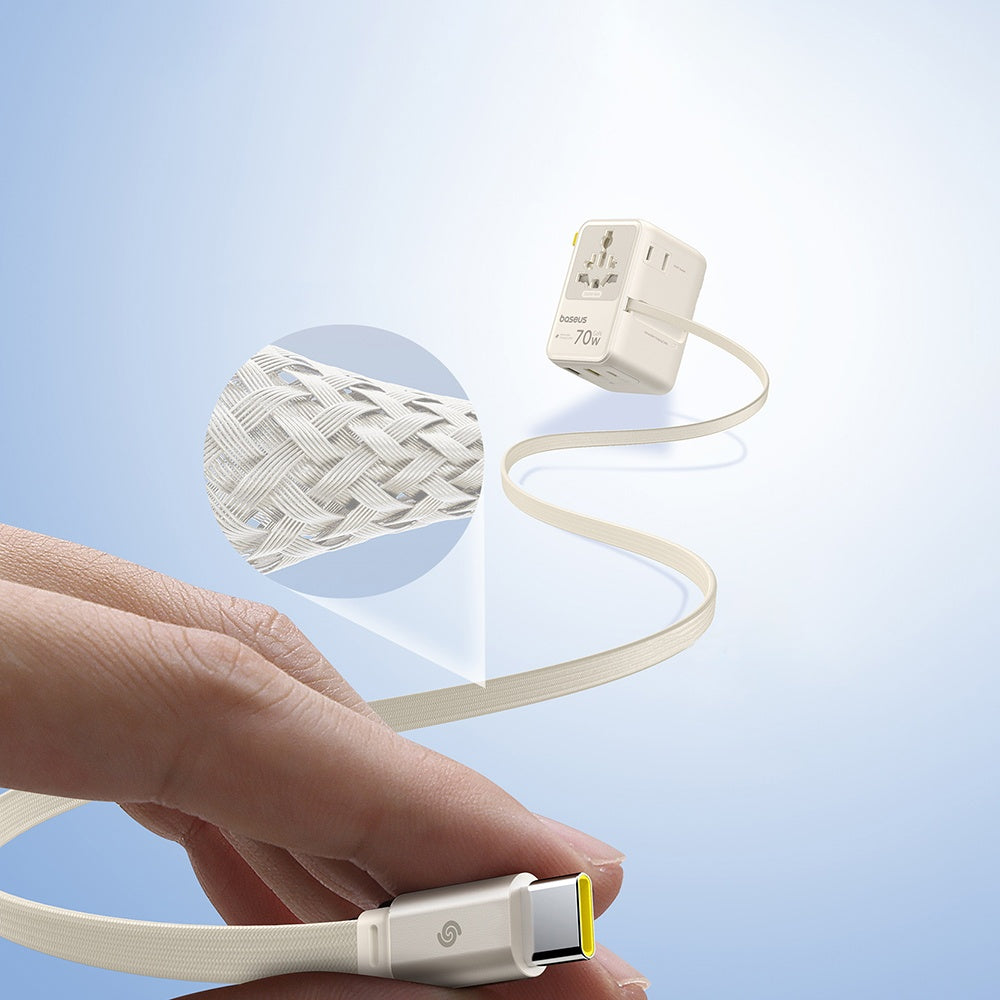 Punjač za mrežu sa USB-C kablom Baseus Travel EnerCore CG11, 70W, 2 x utičnica - 1 x USB-C - 2 x USB-A, Bela E0307E01