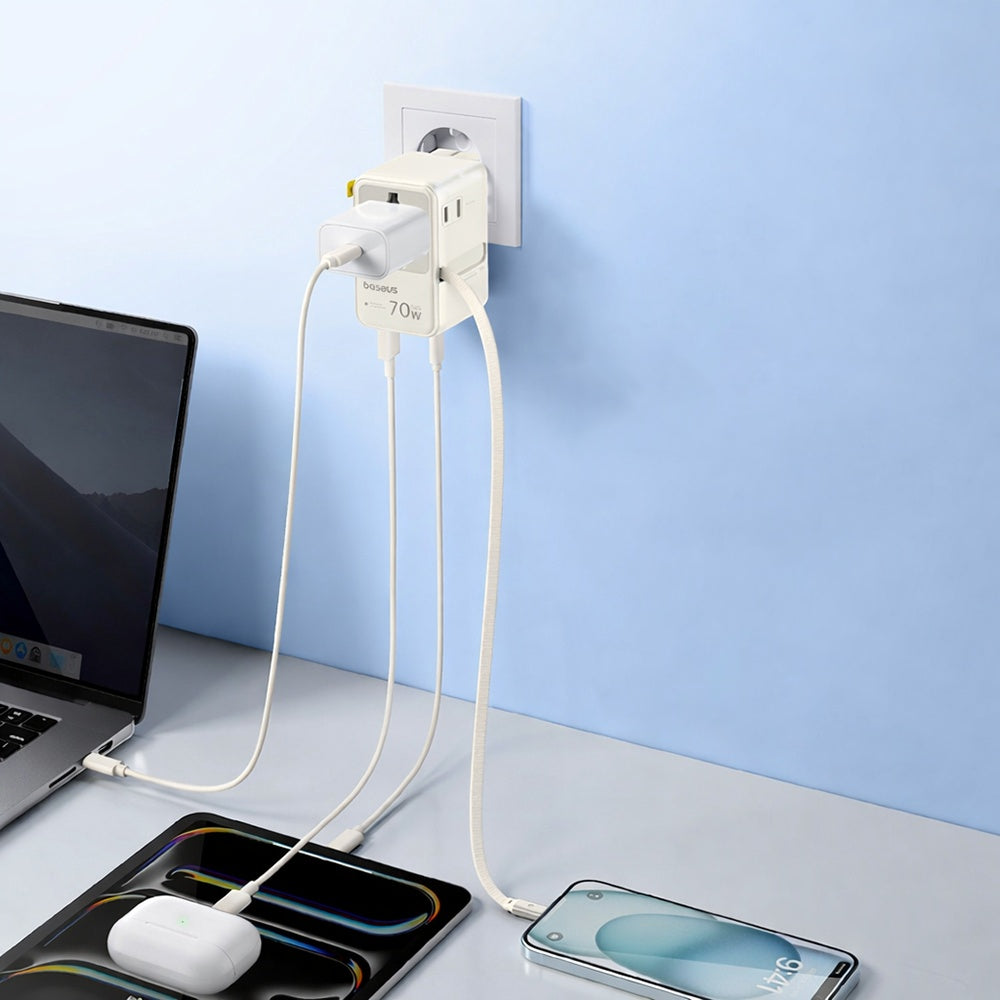 Punjač za mrežu sa USB-C kablom Baseus Travel EnerCore CG11, 70W, 2 x utičnica - 1 x USB-C - 2 x USB-A, Bela E0307E01