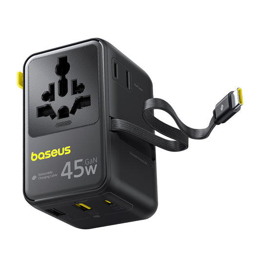Punjač za mrežu sa USB-C kablom Baseus Travel PicoGo AG11, 45W, 2 x utičnica - 1 x USB-C - 2 x USB-A, Crni E0307F00