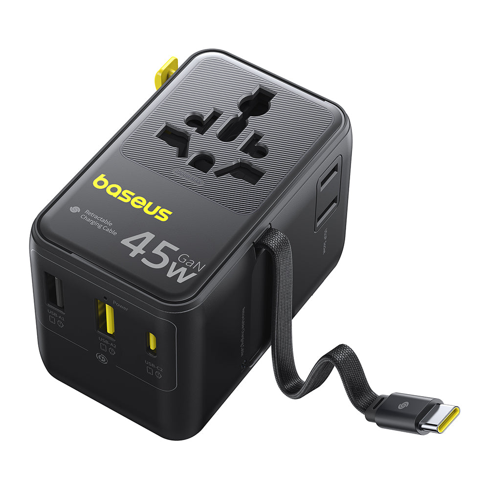Punjač za mrežu sa USB-C kablom Baseus Travel PicoGo AG11, 45W, 2 x utičnica - 1 x USB-C - 2 x USB-A, Crni E0307F00