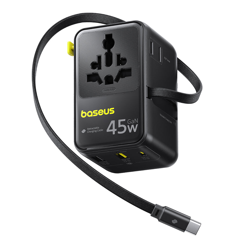 Punjač za mrežu sa USB-C kablom Baseus Travel PicoGo AG11, 45W, 2 x utičnica - 1 x USB-C - 2 x USB-A, Crni E0307F00