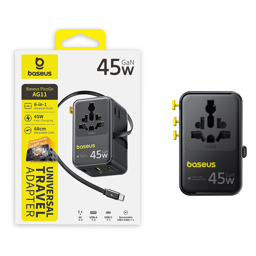 Punjač za mrežu sa USB-C kablom Baseus Travel PicoGo AG11, 45W, 2 x utičnica - 1 x USB-C - 2 x USB-A, Crni E0307F00