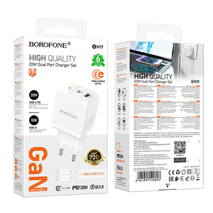 Punjač mreže sa USB-C kablom Borofone BN19 Intenso, 20W, 3A, 1 x USB-A - 1 x USB-C, Beli