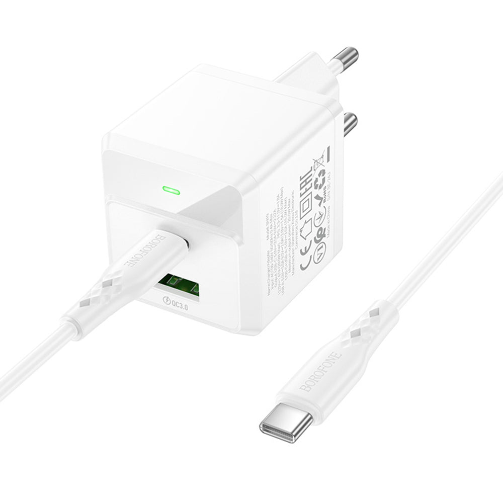 Punjač mreže sa USB-C kablom Borofone BN19 Intenso, 20W, 3A, 1 x USB-A - 1 x USB-C, Beli