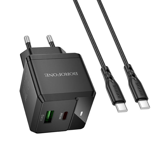 Punjač mreže sa USB-C kablom Borofone BN19 Intenso, 20W, 3A, 1 x USB-A - 1 x USB-C, Crni