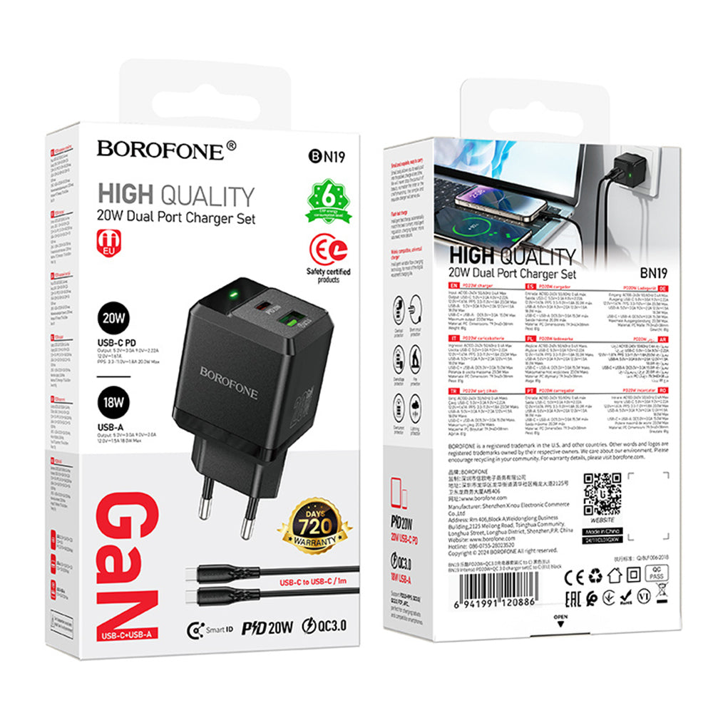 Punjač mreže sa USB-C kablom Borofone BN19 Intenso, 20W, 3A, 1 x USB-A - 1 x USB-C, Crni