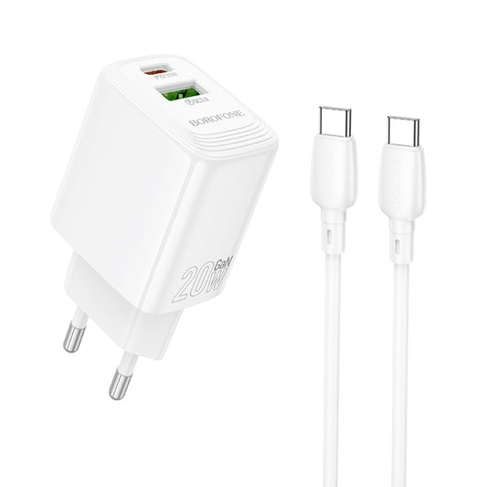 Punjač za mrežu sa USB-C kablom Borofone BN27 Fuente, 20W, 3A, 1 x USB-A - 1 x USB-C, Beli