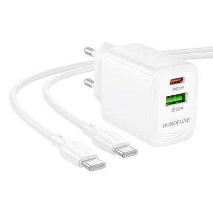 Punjač za mrežu sa USB-C kablom Borofone BN27 Fuente, 20W, 3A, 1 x USB-A - 1 x USB-C, Beli