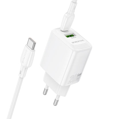 Punjač za mrežu sa USB-C kablom Borofone BN27 Fuente, 20W, 3A, 1 x USB-A - 1 x USB-C, Beli