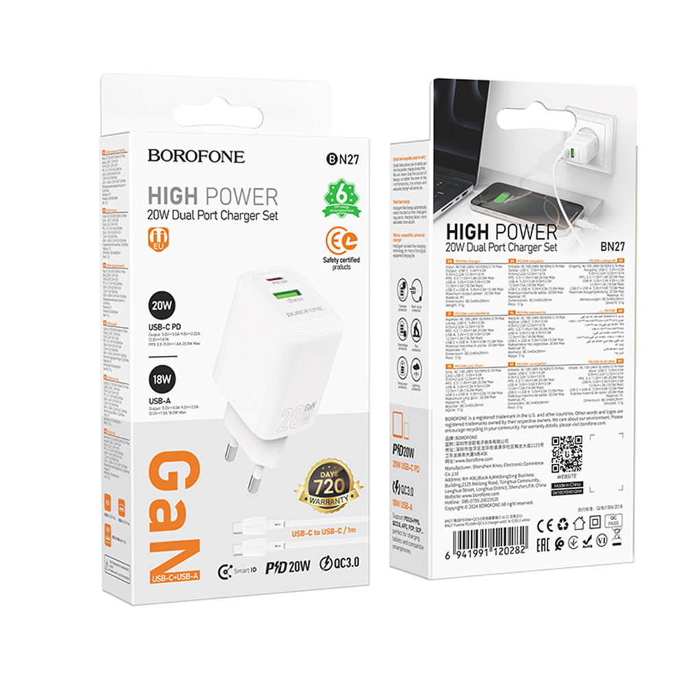 Punjač za mrežu sa USB-C kablom Borofone BN27 Fuente, 20W, 3A, 1 x USB-A - 1 x USB-C, Beli