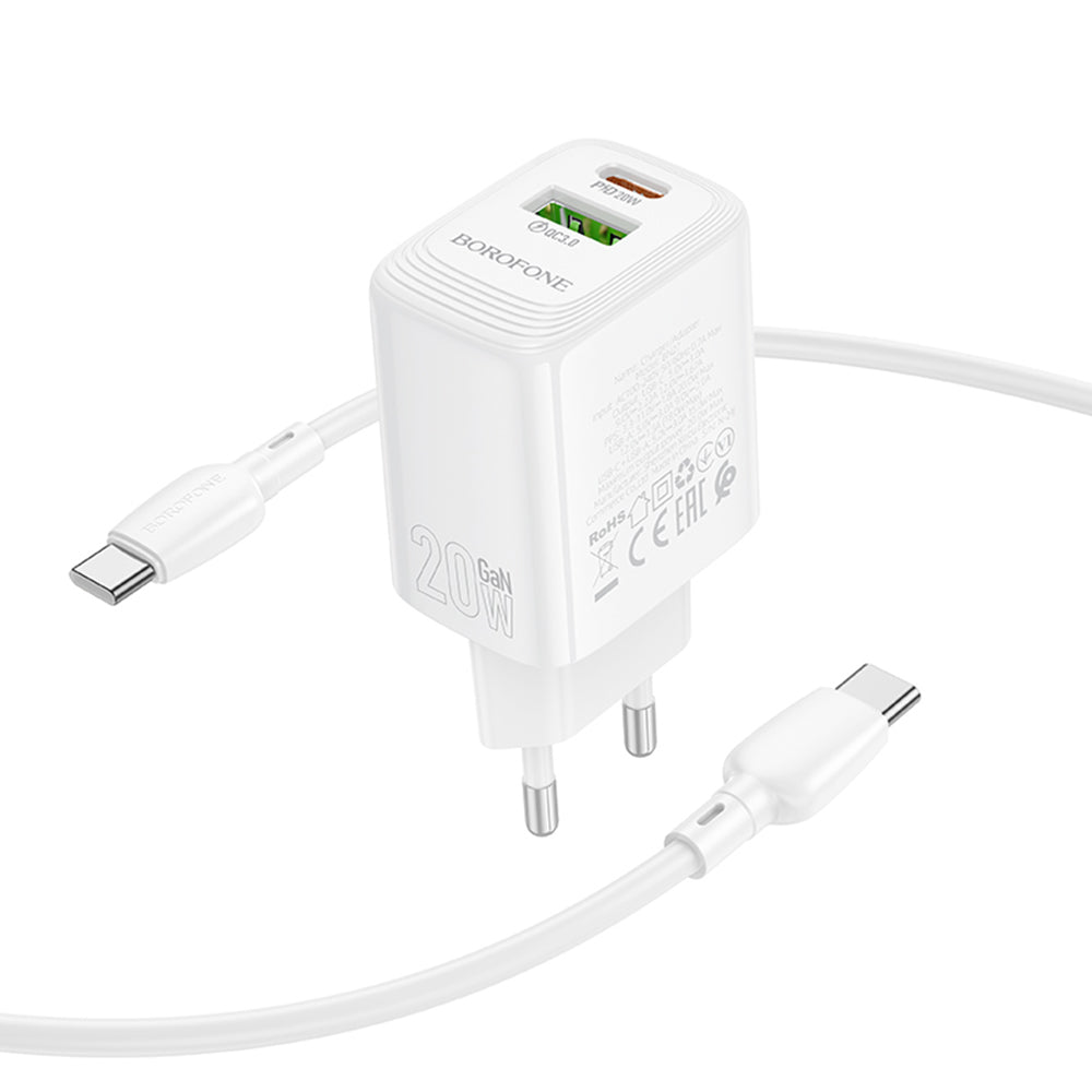 Punjač za mrežu sa USB-C kablom Borofone BN27 Fuente, 20W, 3A, 1 x USB-A - 1 x USB-C, Beli