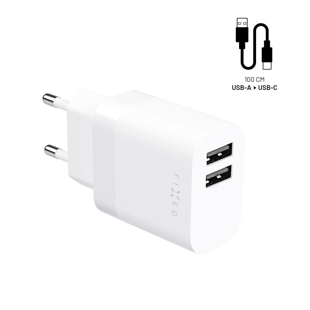 Punjač mreže sa USB-C kablom Fixed, 17W, 3A, 2 x USB-A, Beli