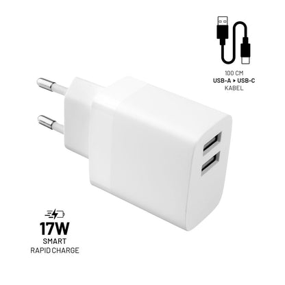 Punjač mreže sa USB-C kablom Fixed, 17W, 3A, 2 x USB-A, Beli