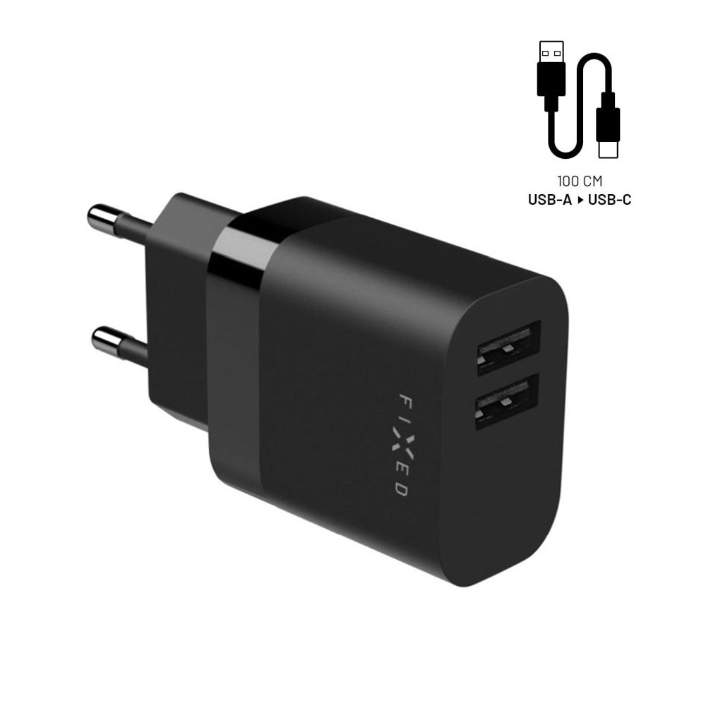 Punjač mreže sa USB-C kablom Fixed, 17W, 3A, 2 x USB-A, Crni