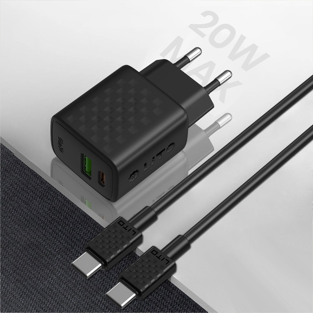 Punjač mreže sa USB-C kablom Lito LC15T, 20W, 3A, 1 x USB-A - 1 x USB-C, Crni