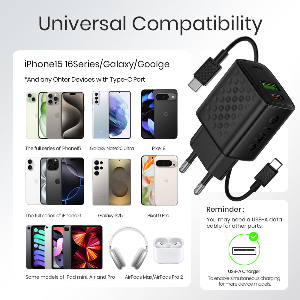 Punjač mreže sa USB-C kablom Lito LC15T, 20W, 3A, 1 x USB-A - 1 x USB-C, Crni