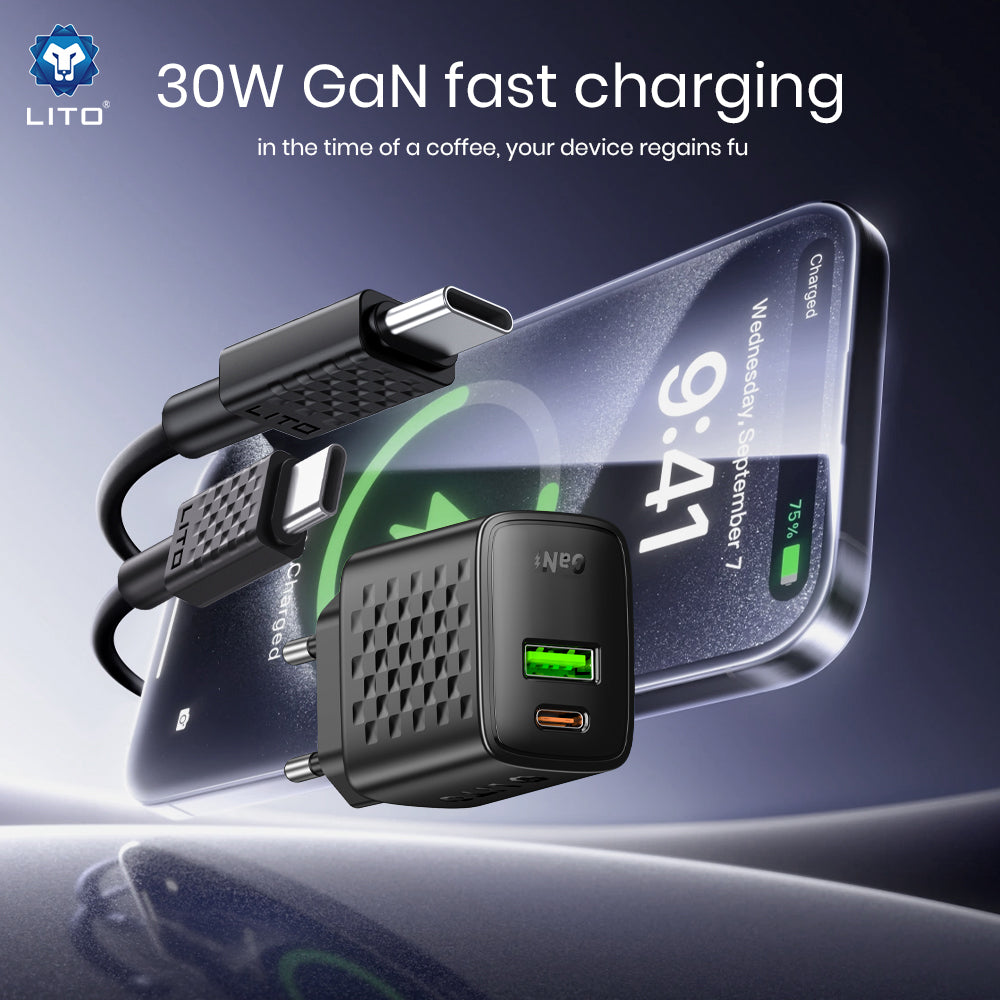 Punjač Mreže Sa USB-C Kabelom Lito LC19T, 30W, 3A, 1 x USB-A - 1 x USB-C, Crni