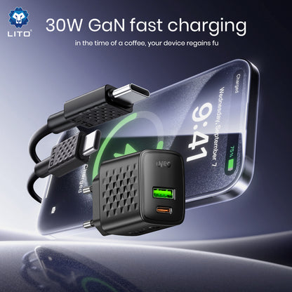 Punjač Mreže Sa USB-C Kabelom Lito LC19T, 30W, 3A, 1 x USB-A - 1 x USB-C, Crni