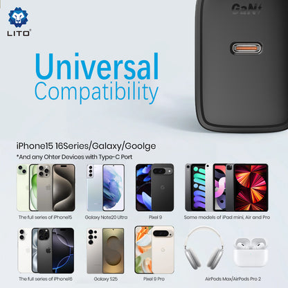 Punjač mreže sa USB-C kablom Lito LC20T, 45W, 3A, 1 x USB-C, Crni