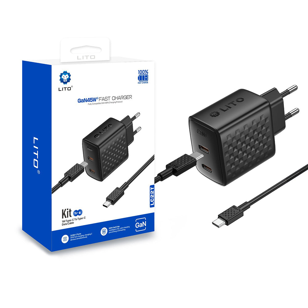 Punjač mreže sa USB-C kablom Lito LC22T, 45W, 3A, 2 x USB-C, Crni
