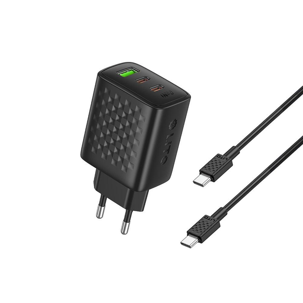 Punjač mreže sa USB-C kablom Lito LC25T, 65W, 3.25A, 1 x USB-A - 2 x USB-C, Crni