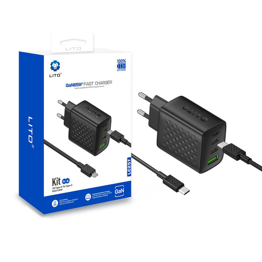 Punjač mreže sa USB-C kablom Lito LC25T, 65W, 3.25A, 1 x USB-A - 2 x USB-C, Crni