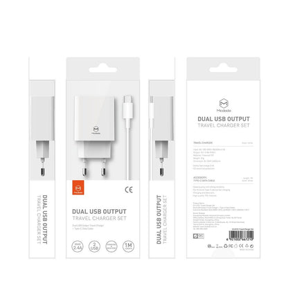 Punjač Mreže Sa USB-C Kabelom McDodo CH-6721 Ponuda, 12W, 2.4A, 2 x USB-A, Beli