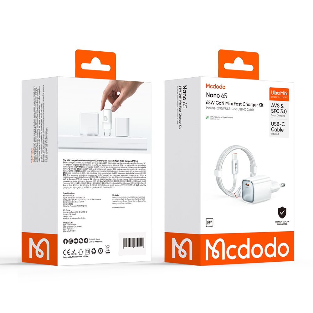 Punjač za mrežu sa USB-C kablom Mcdodo Nano CH-8263, 65W, 3.25A, 1 x USB-C, Bela