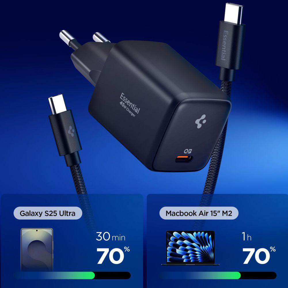 Punjač za mrežu sa USB-C kablom Spigen EE451EU Essential, 45W, 3A, 1 x USB-C, Crni ACH09474