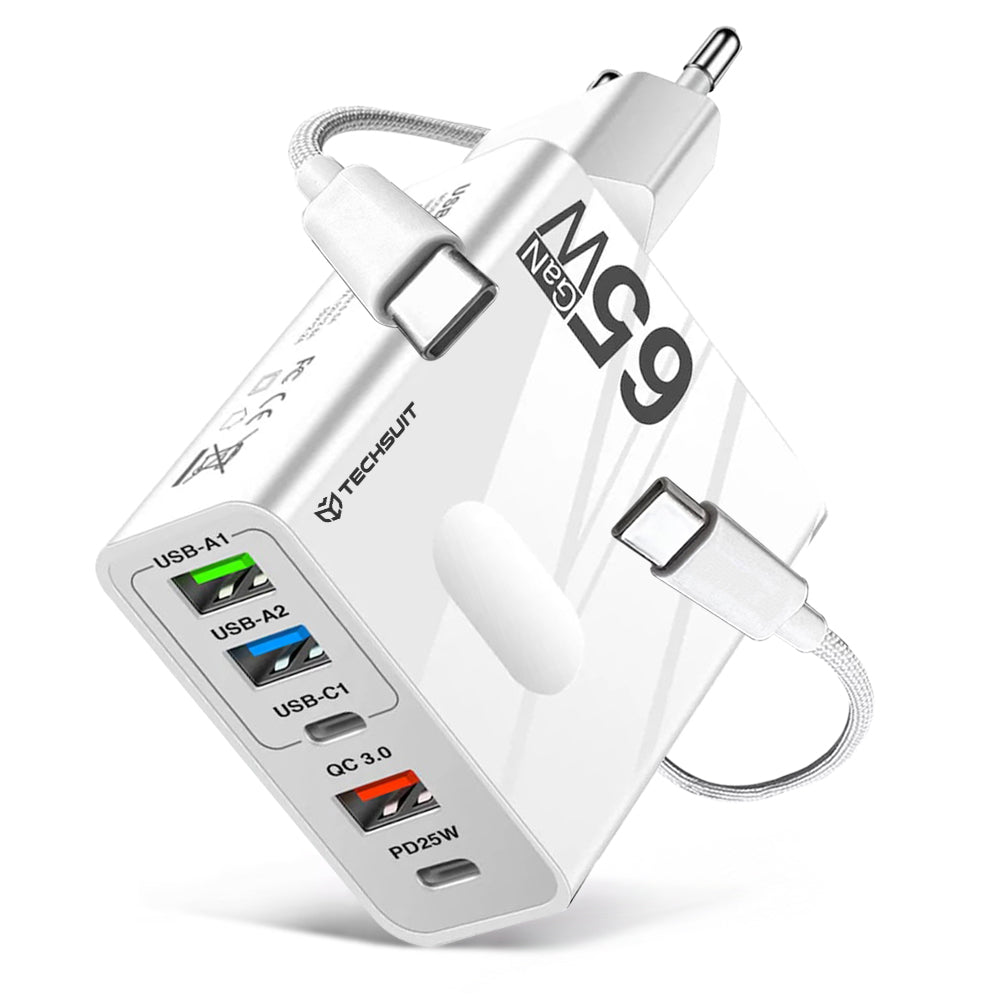 Punjač mreže sa USB-C kablom Techsuit CHC1 PentaXPower, 25W, 3A, 3 x USB-A - 2 x USB-C, Beli