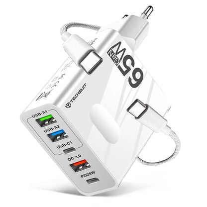 Punjač mreže sa USB-C kablom Techsuit CHC1 PentaXPower, 25W, 3A, 3 x USB-A - 2 x USB-C, Beli