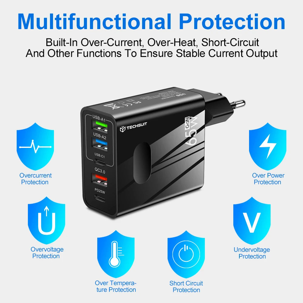 Punjač mreže sa USB-C kablom Techsuit CHC1 PentaXPower, 25W, 3A, 3 x USB-A - 2 x USB-C, Beli