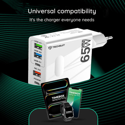 Punjač mreže sa USB-C kablom Techsuit CHC1 PentaXPower, 25W, 3A, 3 x USB-A - 2 x USB-C, Crni