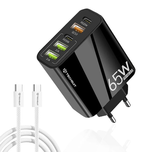 Punjač mreže sa USB-C kablom Techsuit CHC2 PentaXPower, 20W, 3A, 3 x USB-A - 2 x USB-C, Crni