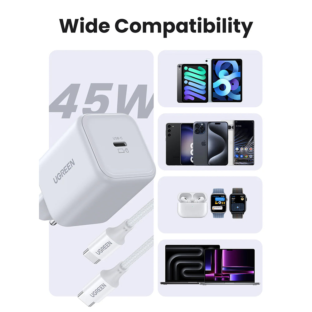 Mrežni punjač sa USB-C kablom UGREEN X524 (65055), 45W, 3A, 1 x USB-C, Bela