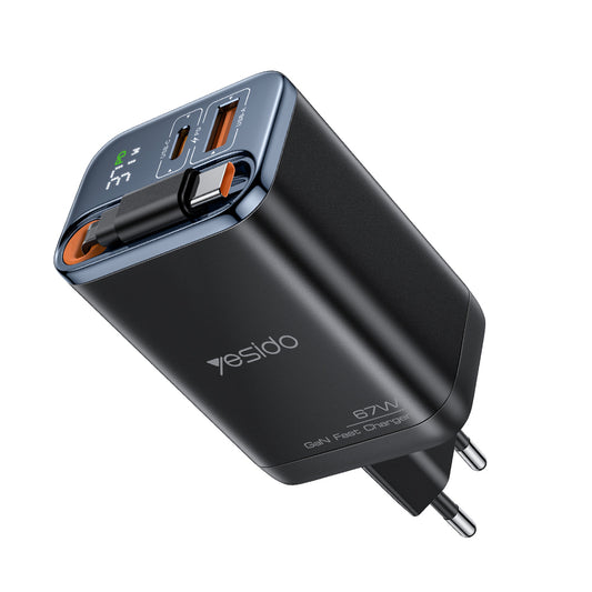 Mrežni punjač sa USB-C kablom Yesido YC100 Display, 67W, 3.35A, 1 x USB-A - 1 x USB-C, Crni