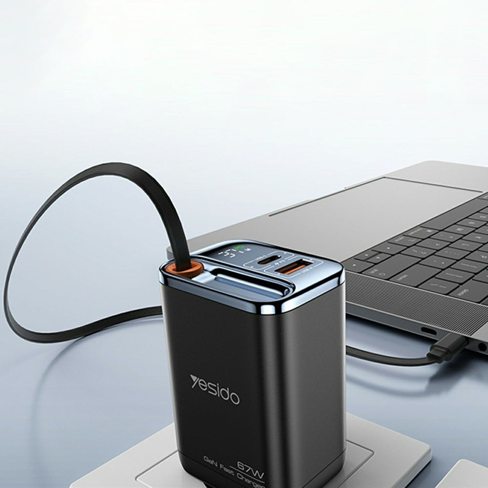 Mrežni punjač sa USB-C kablom Yesido YC100 Display, 67W, 3.35A, 1 x USB-A - 1 x USB-C, Crni
