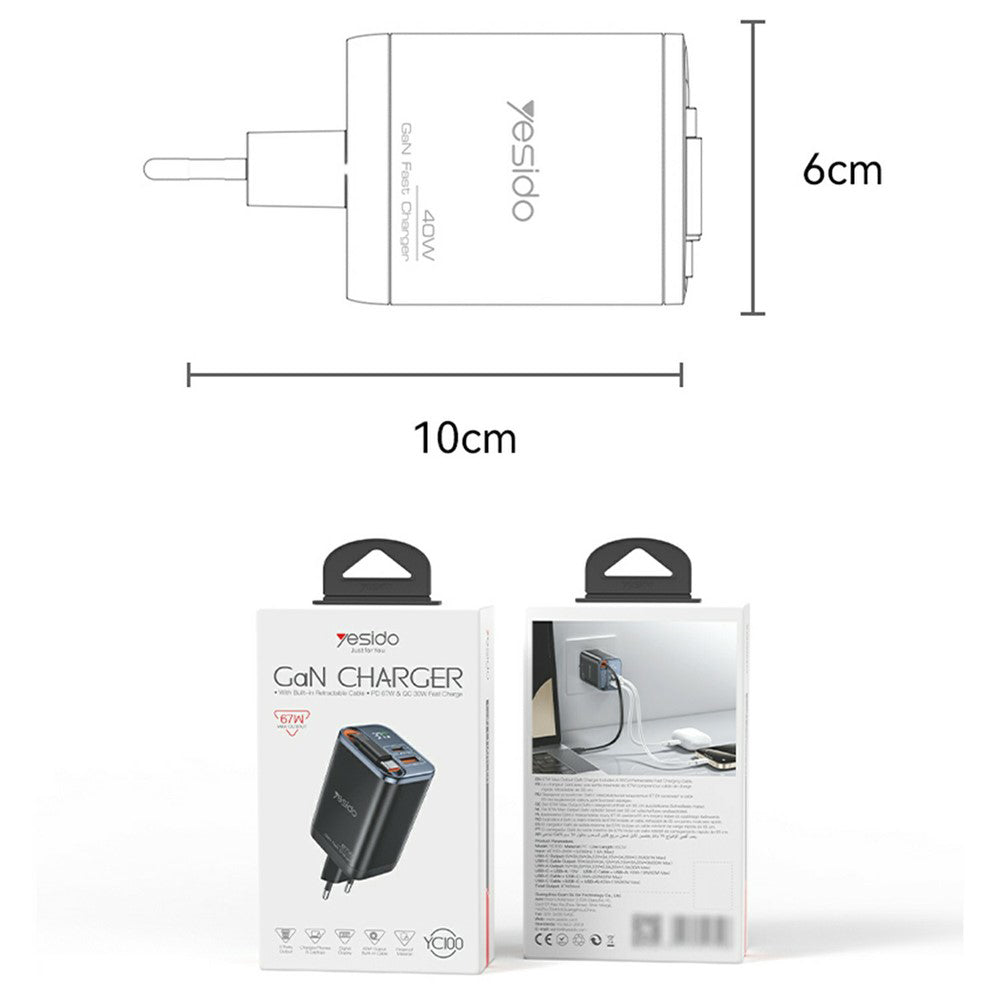 Mrežni punjač sa USB-C kablom Yesido YC100 Display, 67W, 3.35A, 1 x USB-A - 1 x USB-C, Crni