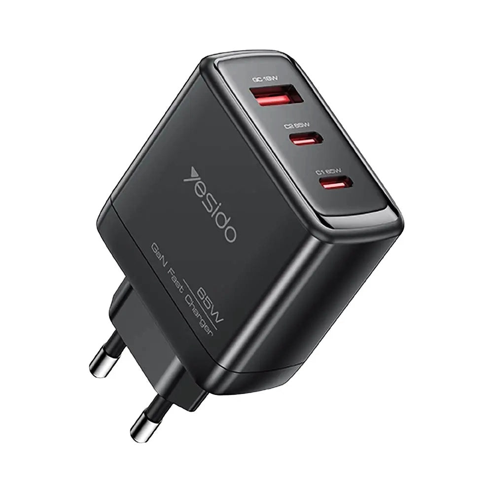 Punjač mreže sa USB-C kablom Yesido YC144C, 65W, 3.25A, 1 x USB-A - 2 x USB-C, Crni