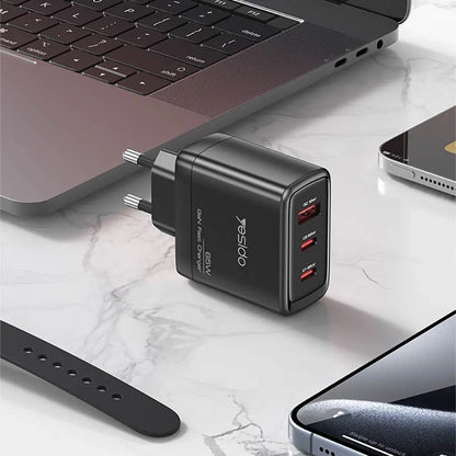 Punjač mreže sa USB-C kablom Yesido YC144C, 65W, 3.25A, 1 x USB-A - 2 x USB-C, Crni