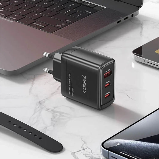 Punjač mreže sa USB-C kablom Yesido YC144C, 65W, 3.25A, 1 x USB-A - 2 x USB-C, Crni