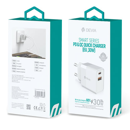 Punjač za mrežu DEVIA RLC-389, 30W, 3A, 1 x USB-A - 1 x USB-C, Beli