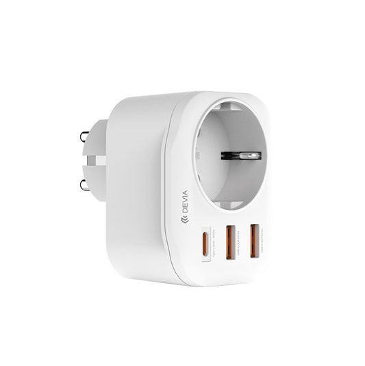 Punjač za mrežu DEVIA WW09-F-PD, 20W, 3A, 2 x USB-A - 1 x USB-C - 1 x Schuko, Beli
