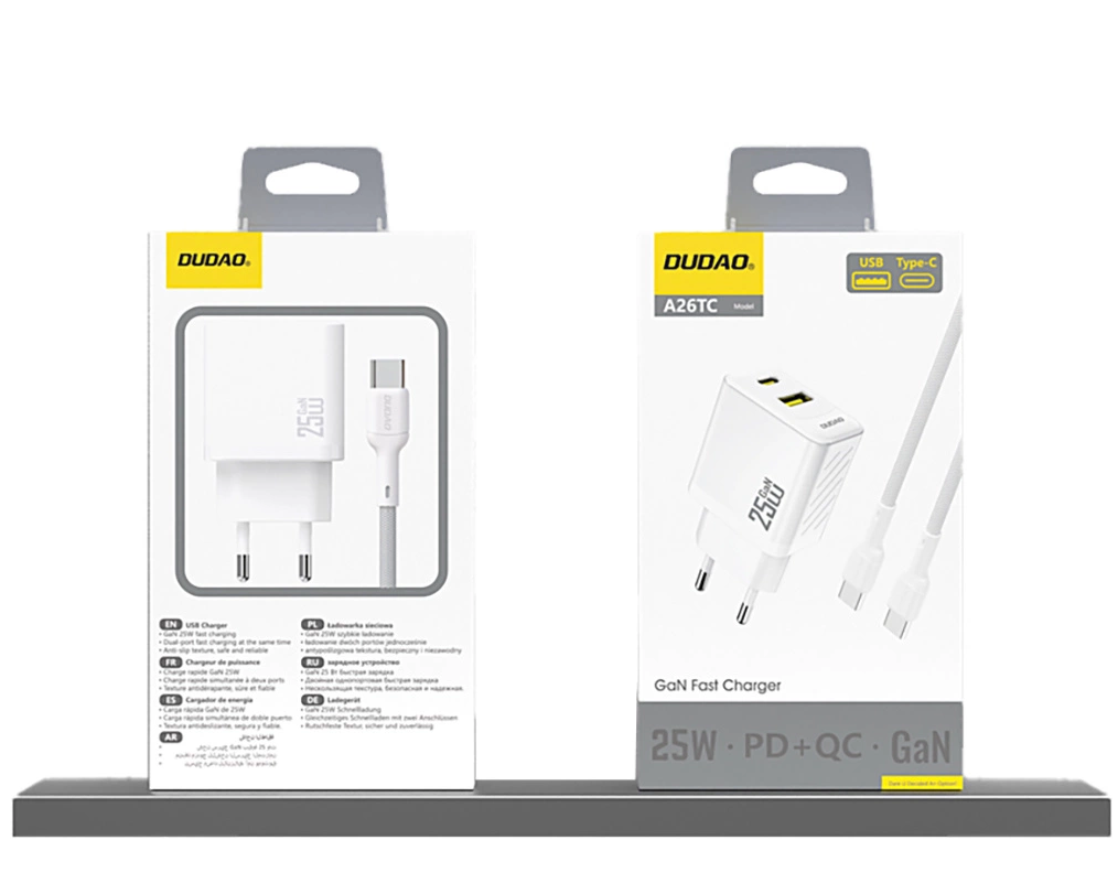 Punjač za mrežu Dudao A26T, 25W, 3A, 1 x USB-A - 1 x USB-C, Beli