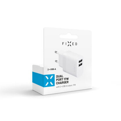 Punjač mreže Fixed, 17W, 3A, 2 x USB-A, Beli
