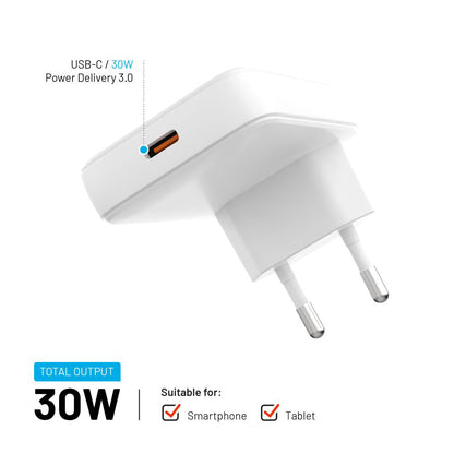 Punjač mreže Fixed, 30W, 3A, 1 x USB-C, Beli